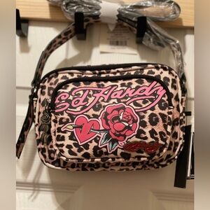 Ed Hardy Pink and Black Leopard Crossbody Bag 8”x5”x2.